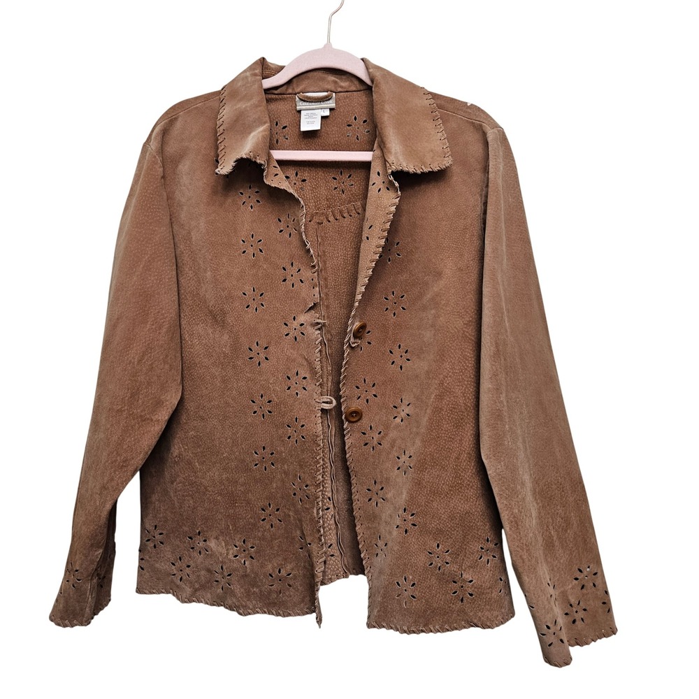 Coldwater Creek Leather Jacket Womens L‎ Brown Suede Floral Eyelet Western Boho